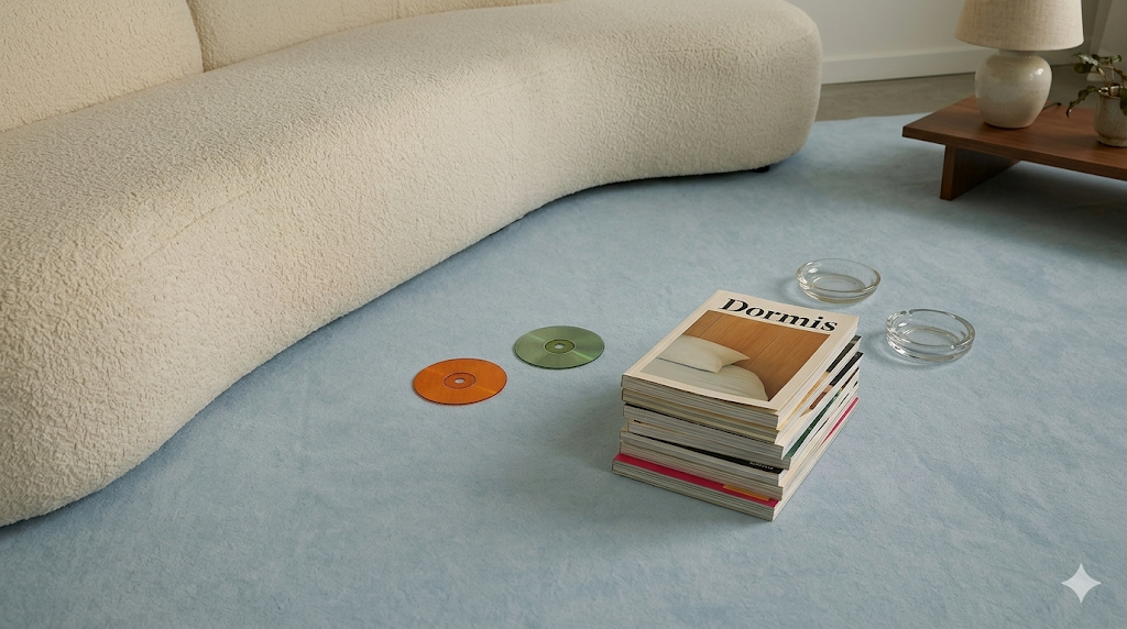 A blue floor textile in a calm living space