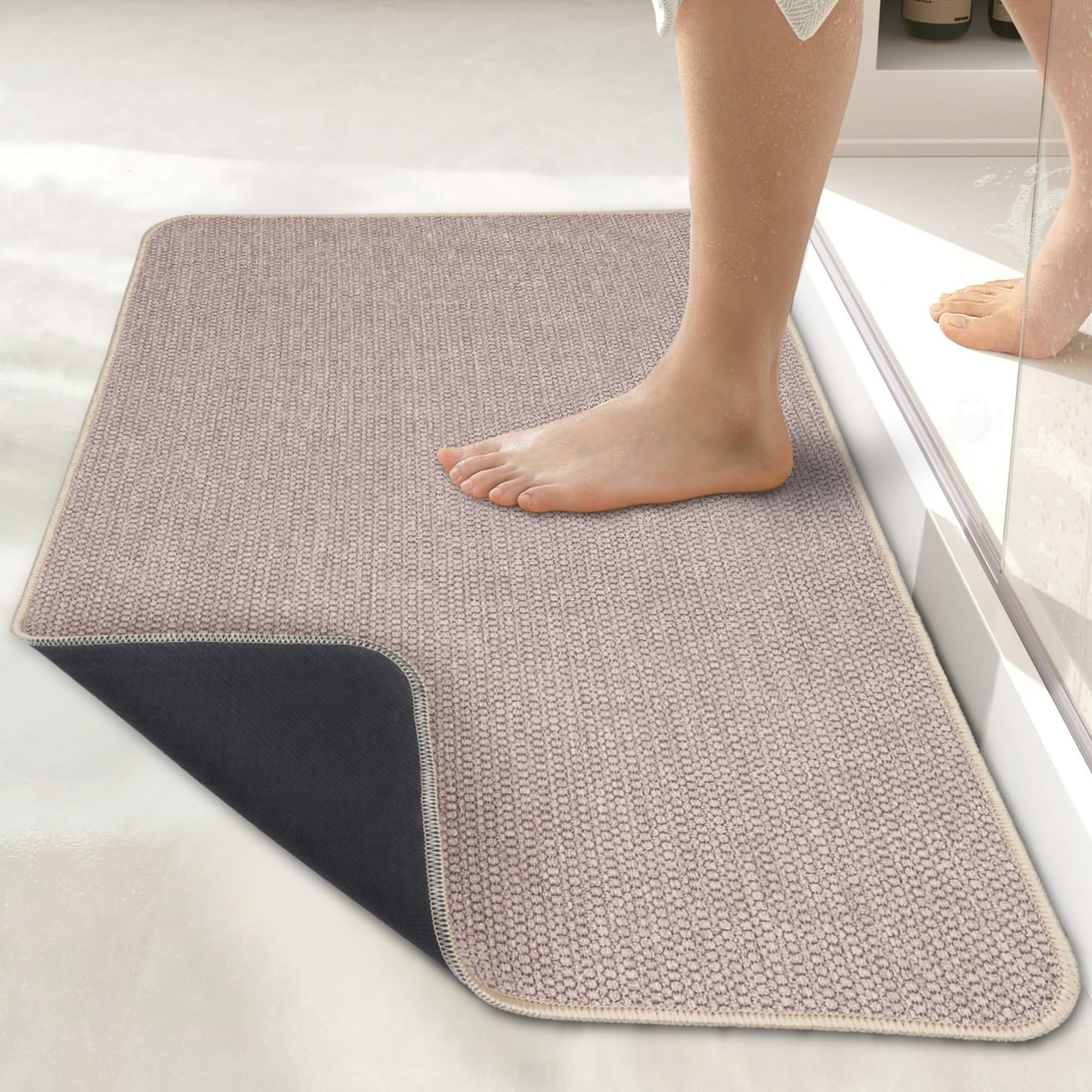 Bath Mat,Ultra Thin Bathroom Runner Rugs,Large Bath Mats for Bathroom,Quick Dry,Non-Slip,Machine Washable,Low Pile,Bath Rug,Shower Outside,Sink,Home Decor Accessories.Beige,1'5"x2'11"(17x35inch)