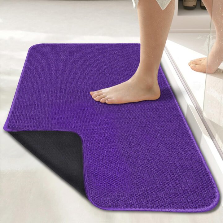 Bath Mat,Ultra Thin Bathroom Runner Rugs,Large Bath Mats for Bathroom,Quick Dry,Non-Slip,Machine Washable,Low Pile,Bath Rug,Shower Outside,Sink,Home Decor Accessories.Purple,1'5"x2'11"(17x35inch)