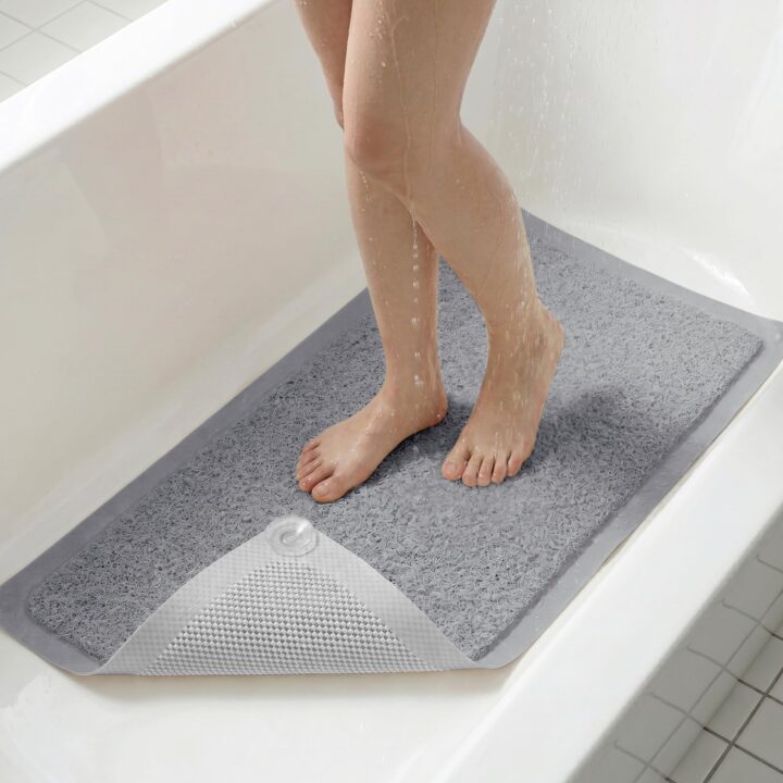 Upgraded Anti Slip Shower Mat for Inside Shower,Non Slip Bathtub Mat with Suction Cups,Shower Floor Mat,Scrubber Mats,Easy to Clean,Quick Dry,Easy Drainage,Loofah Bath Mat for Tub,Grey,16''x24''