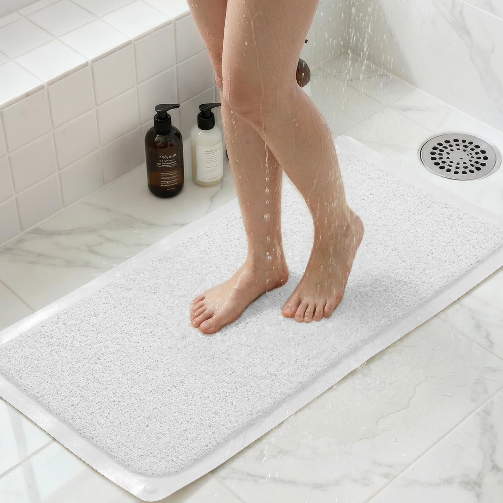 Upgraded Non Slip Shower Mat,Anti Slip Bathtub Mat with Suction Cupsr,Scrubber Mats,Easy to Clean,Quick Drying,Loofah Bath Mat for Tub,Shower,Bathroom.White,16''x24''