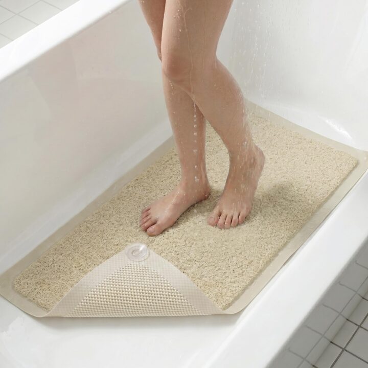 Upgraded Anti Slip Shower Mat for Inside Shower,Non Slip Bathtub Mat with Suction Cups,Shower Floor Mat,Scrubber Mats,Easy to Clean,Quick Dry,Easy Drainage,Loofah Bath Mat for Tub,Beige,16''x24''