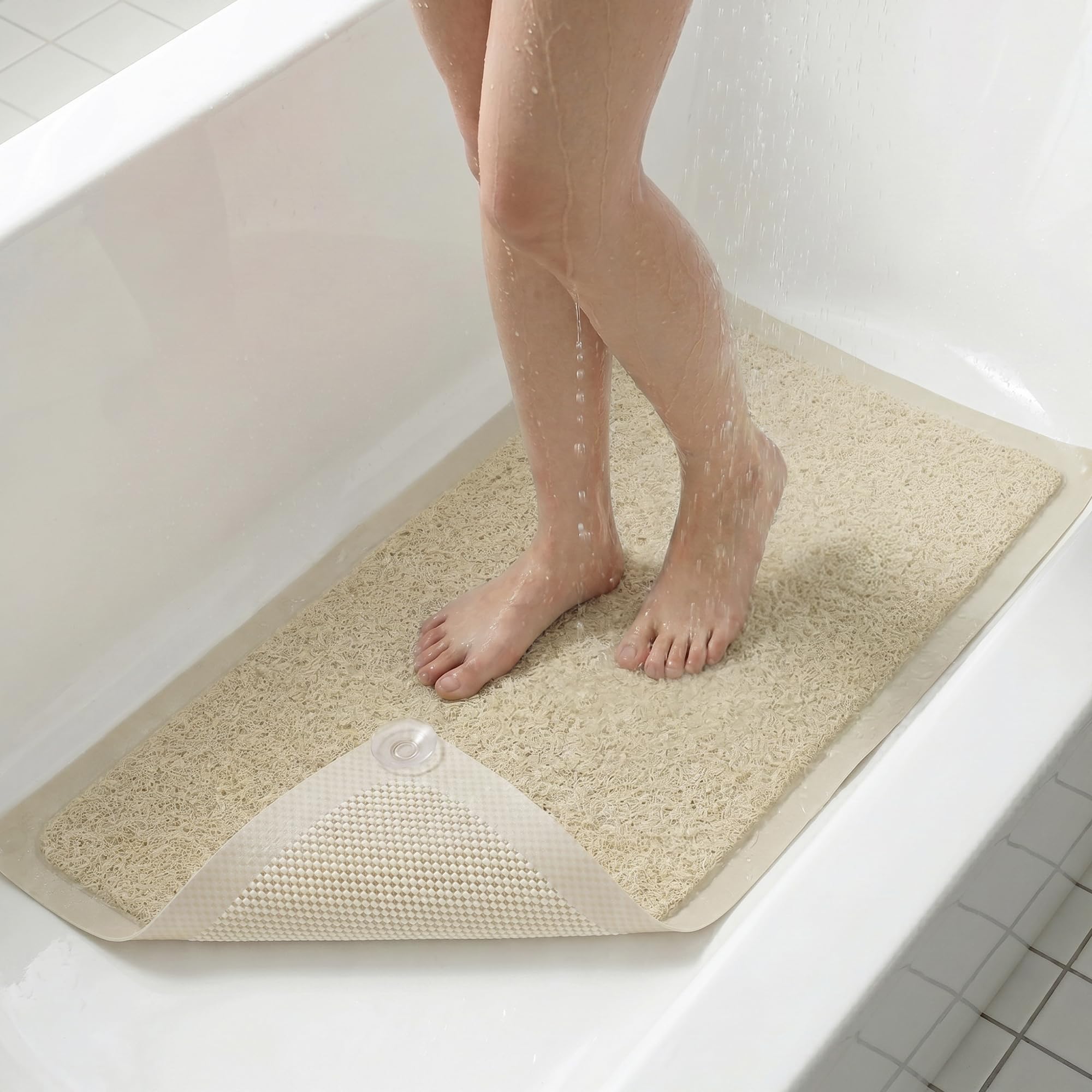 Upgraded Anti Slip Shower Mat for Inside Shower,Non Slip Bathtub Mat with Suction Cups,Shower Floor Mat,Scrubber Mats,Easy to Clean,Quick Dry,Easy Drainage,Loofah Bath Mat for Tub,Beige,17''x32''