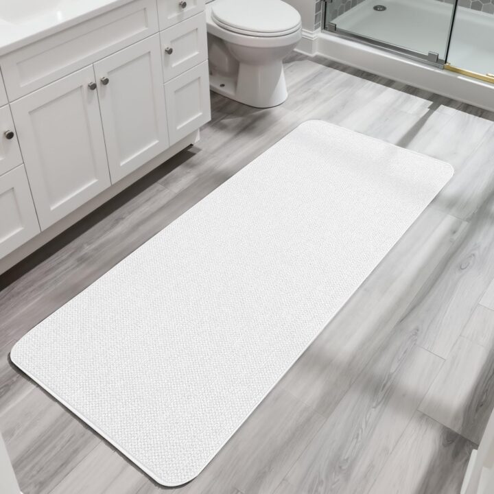 Bath Mat,Ultra Thin Bathroom Runner Rugs,Large Bath Mats for Bathroom,Quick Dry,Non-Slip,Machine Washable,Low Pile,Bath Rug,Shower Outside,Sink,Home Decor Accessories.White,1'5"x4'11"（17x59inch）